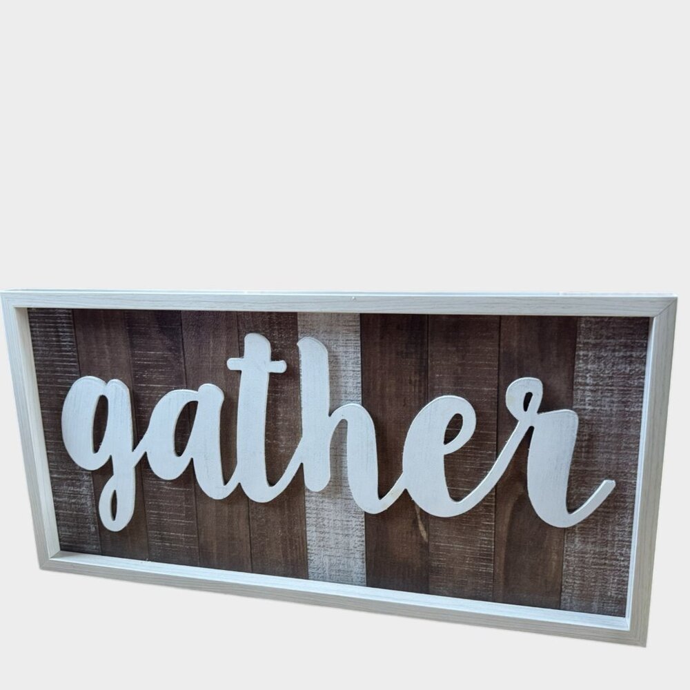 Gather Farmhouse Wall Sign 24” Rustic Wood Framed Home Decor